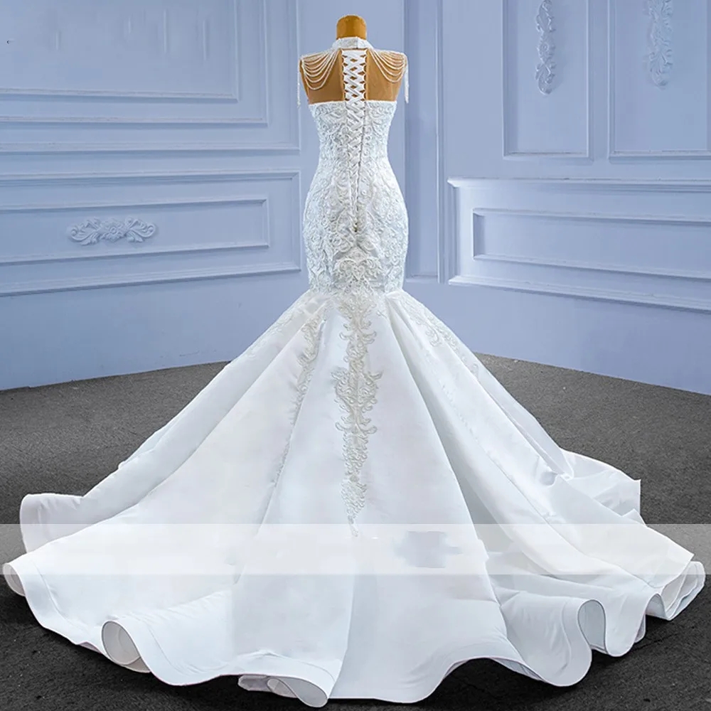 High Modest Neck Lace Mermaid Wedding Dress With Tassels Sleeveless Beaded Satin Bridal Gowns Arabic Dubai Vestido De Noiva