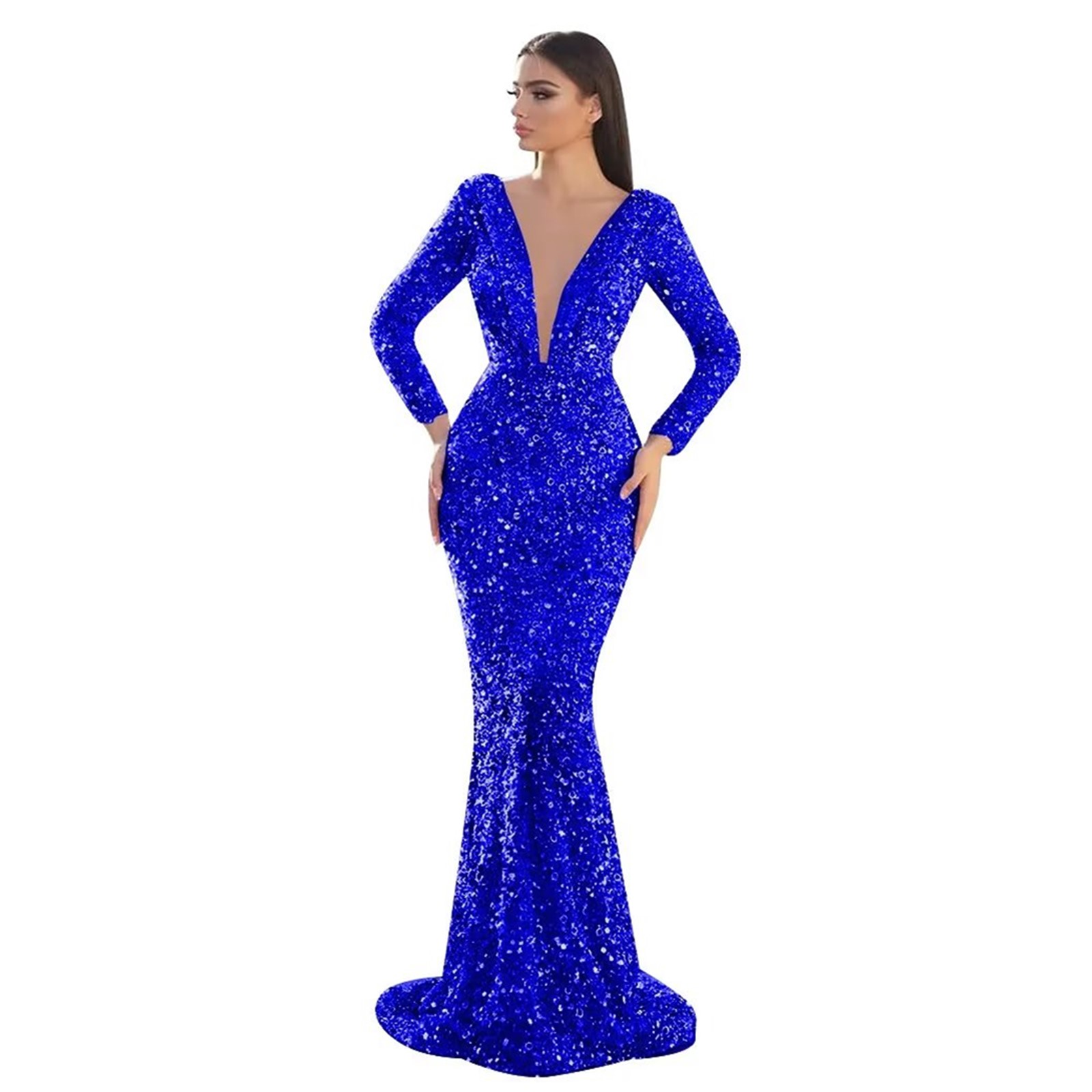 Evening Glitter Mermaid Dresses Beading Sequins Long Sleeve Prom Gowns Deep V Neck Party Second Reception Dress 6660306