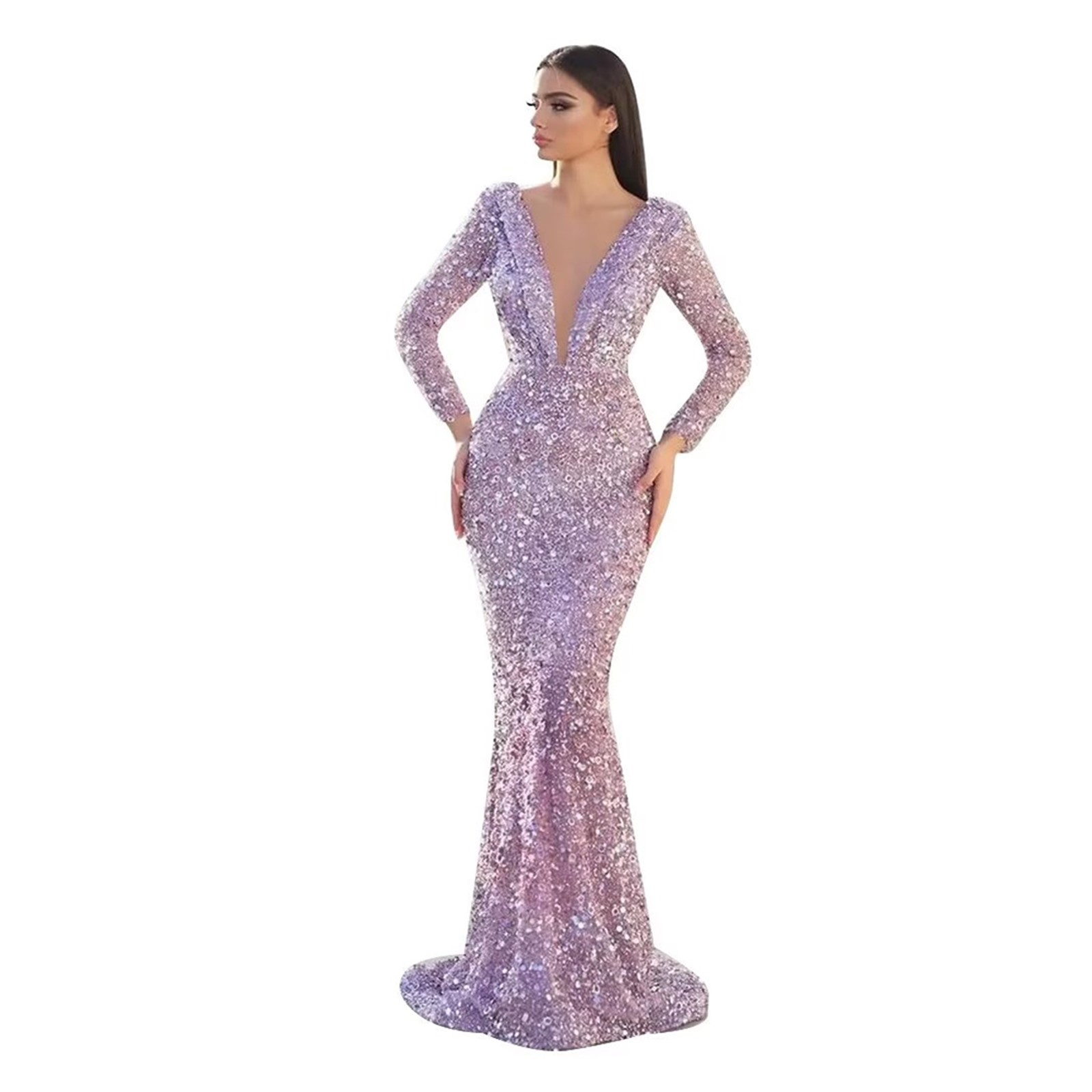 Evening Glitter Mermaid Dresses Beading Sequins Long Sleeve Prom Gowns Deep V Neck Party Second Reception Dress 6660306