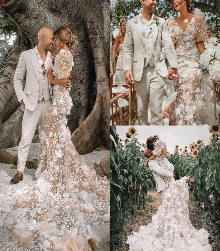 Champagne Mermaid Wedding Dresses Lace 3D Floral Appliqued Hollow Back Half Long Sleeves Boho Dress Beach Plus Size Bridal Gowns C