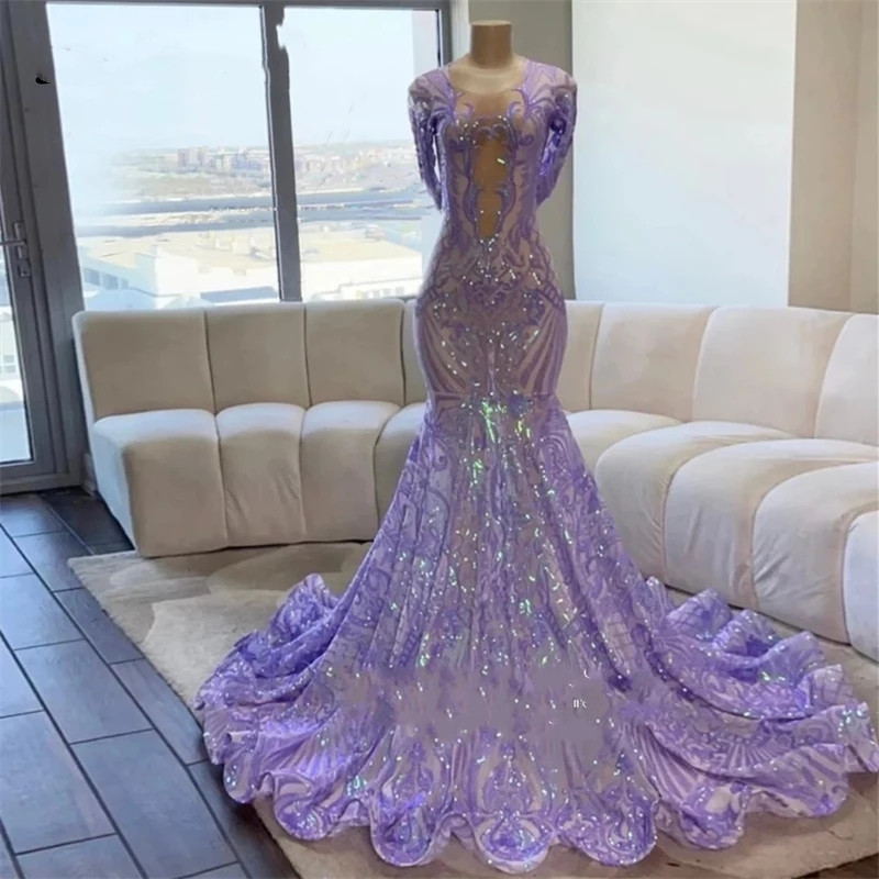 New Lilac Lace Prom Dresses For Black Girls Sparkly Sequin Sheer Neck Long Sleeve Mermaid Birthday Party Reception Gown Dr0320