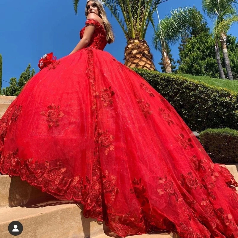 Quinceanera Dresses Princess Red Appliques V-Neck Sexy Ball Gown with Tulle Plus Size Sweet 16 Debutante Party Birthday Vestidos De 15 Anos 76