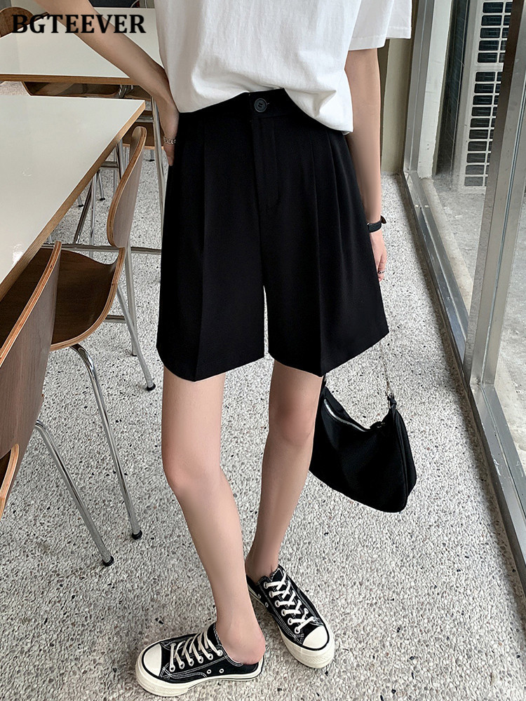 Women's Shorts BGTEEVER Casual High Waist Single Button Women's Wide Leg Shorts Spring/Summer Solid Pocket Loose Women's Shorts 230406