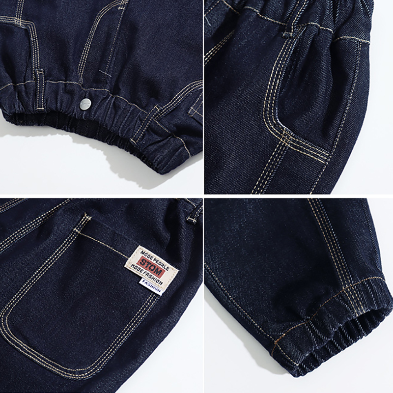 Jeans Boys' sewing details patched with elastic cuffs ankles jeans big boys' spring and autumn jeans dark blue pants fashionable casual clot