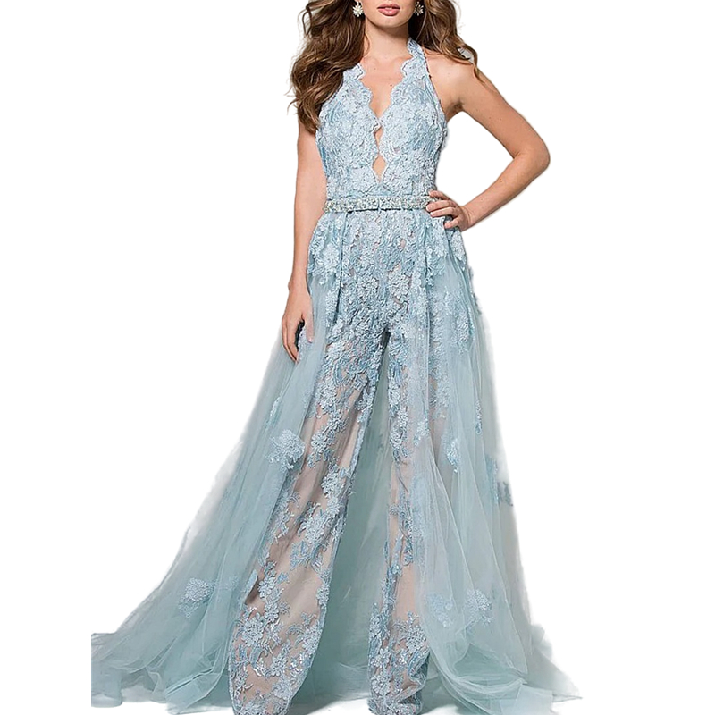 Women Lace Jumpsuits Prom Dresses With Detachable Train Sleeveless Halter Neck Backless Sexy Formal Evening Gowns Light Blue Bride Reception Elopement