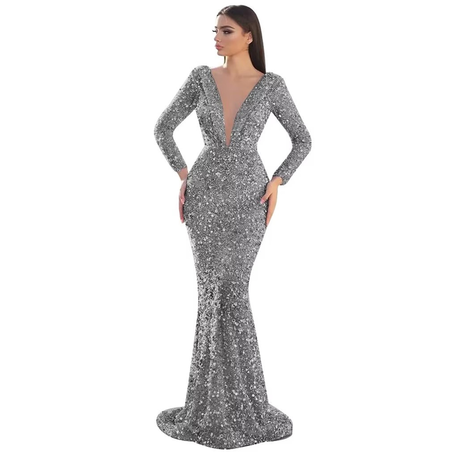 Evening Glitter Mermaid Dresses Beading Sequins Long Sleeve Prom Gowns Deep V Neck Party Second Reception Dress 6660306