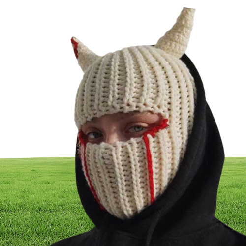 Cycling Caps Masks Halloween Funny Horns Creative Knitted Hat Beanies Warm Full Face Cover Ski Mask Hat Windproof Balaclava Hat fo