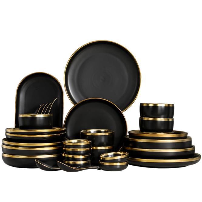 Nordic Golden Stroke Ceramic Plate Hotel Table Decoration Steak Black Dinner Plates Salad Dishes Western Cuisine Tableware Set
