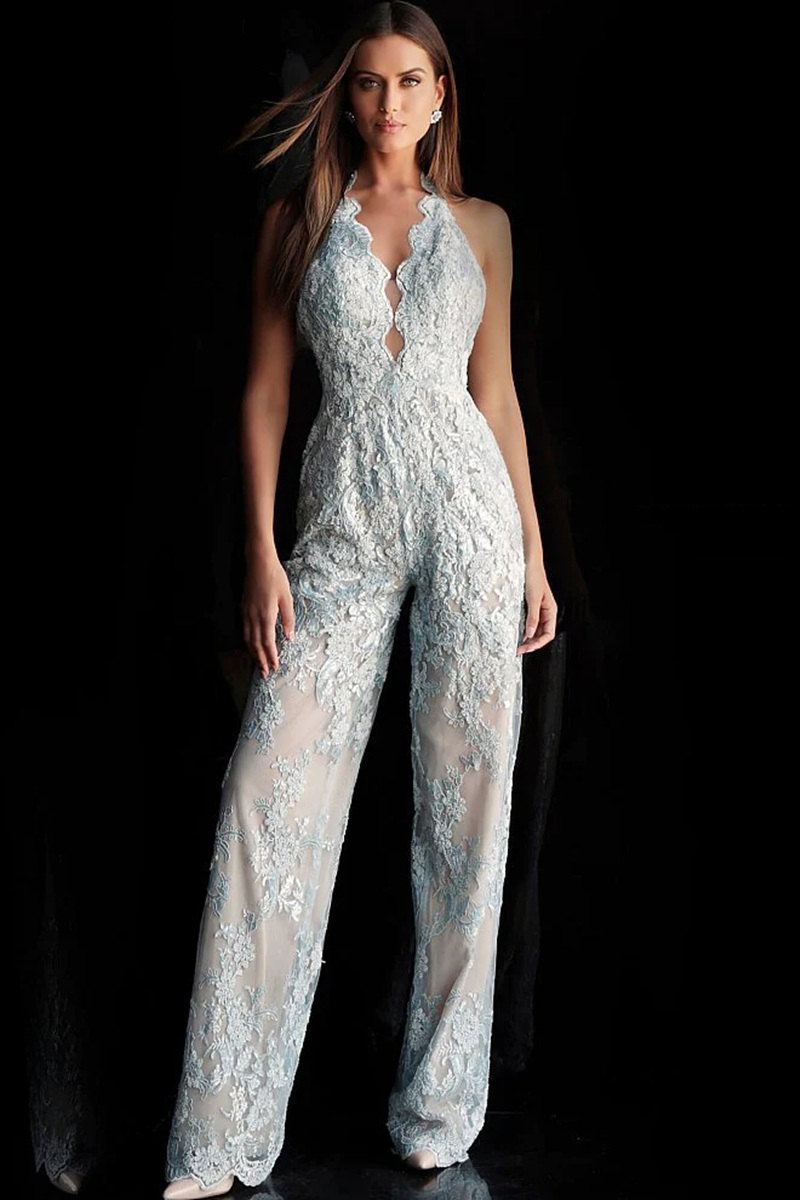 Women Lace Jumpsuits Prom Dresses With Detachable Train Sleeveless Halter Neck Backless Sexy Formal Evening Gowns Light Blue Bride Reception Elopement