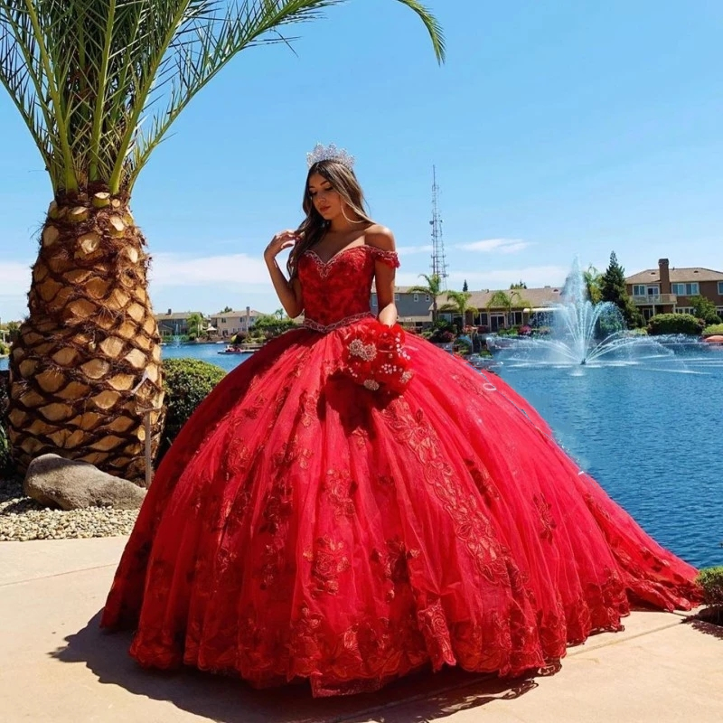 Quinceanera Dresses Princess Red Appliques V-Neck Sexy Ball Gown with Tulle Plus Size Sweet 16 Debutante Party Birthday Vestidos De 15 Anos 76