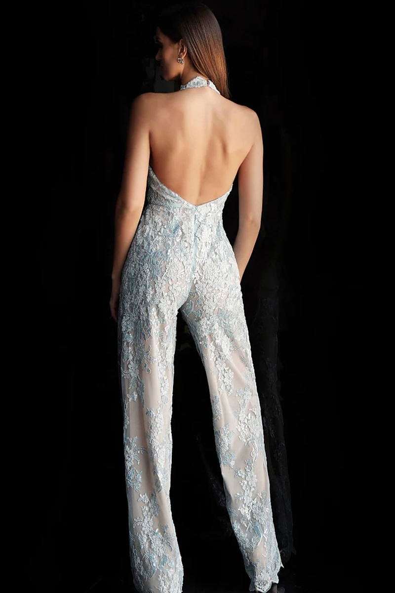 Women Lace Jumpsuits Prom Dresses With Detachable Train Sleeveless Halter Neck Backless Sexy Formal Evening Gowns Light Blue Bride Reception Elopement