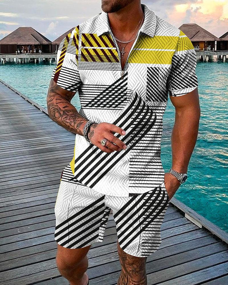 Men's Tracksuits Summer Hawaiian Athletic Wear Polo Shirt 2-Piece Set for Men's Business Fashion Casual Print True Down Neck Men's Wear