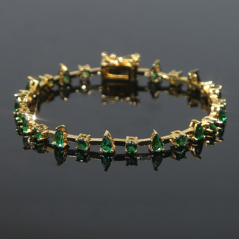 Lovely Multi Green Water Drop Round Zircon Bangle Elegant Bracelet Earrings Hip Hop Gold Plated Paved Cubic Zirconia Women Party Gift Wholesale Jewelr