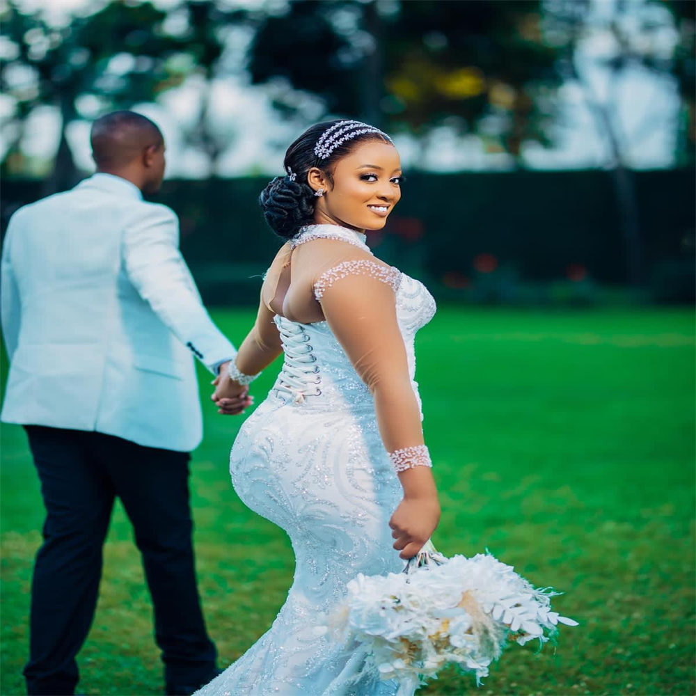 2023 Nov Arabic Aso Ebi Plus Size Sequined Lace Mermaid Wedding Dress Sheer Neck Beaded Bridal Gowns Dresses ZJ561