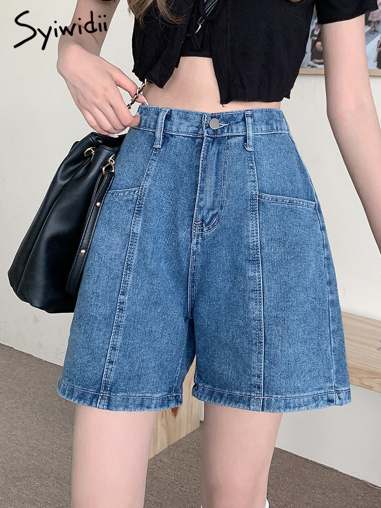 Women's Shorts Syiwidii denim Shorts Women's High Waist Jeans Retro Street Costume Patches Fashion Loose Pockets High Street Blue Shorts 230