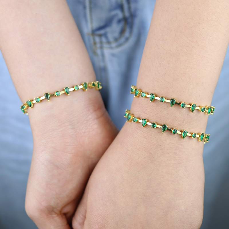 Lovely Multi Green Water Drop Round Zircon Bangle Elegant Bracelet Earrings Hip Hop Gold Plated Paved Cubic Zirconia Women Party Gift Wholesale Jewelr