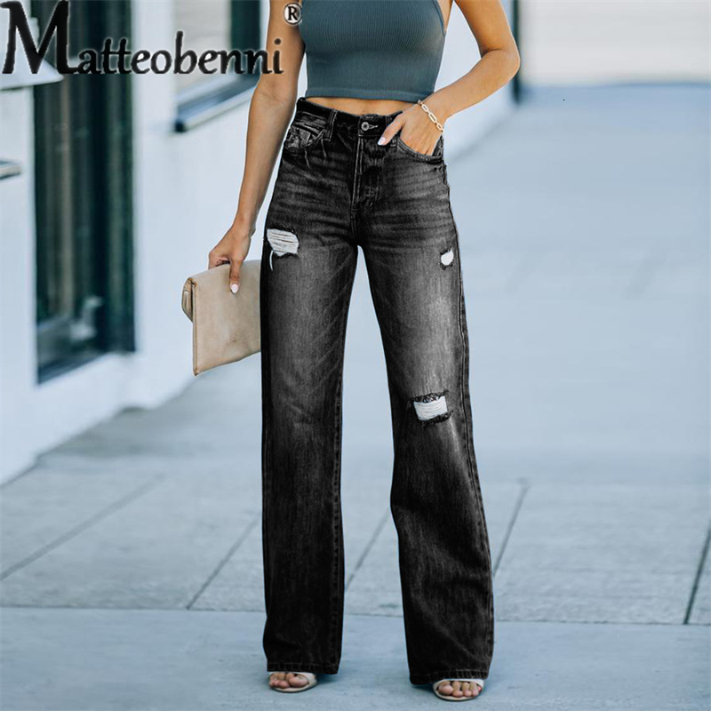 Women's Jean's High Waist Wide Leg Micro Flared Jeans Fashion Street Casual Broken Holes Splicing Button Denim Pants Female Trousers 23 2304