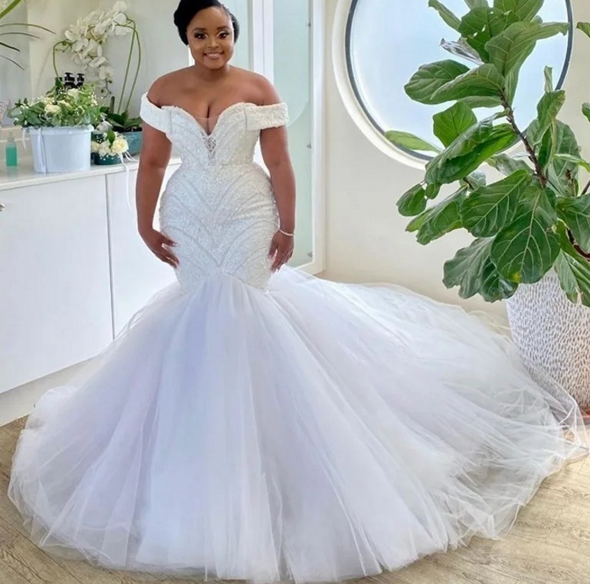 Beaded Modest Mermaid Wedding Dress Off The Shoulder Heavy Beading Tulle Bridal Gowns Formal Vestidos De Noiva Robe Mariee