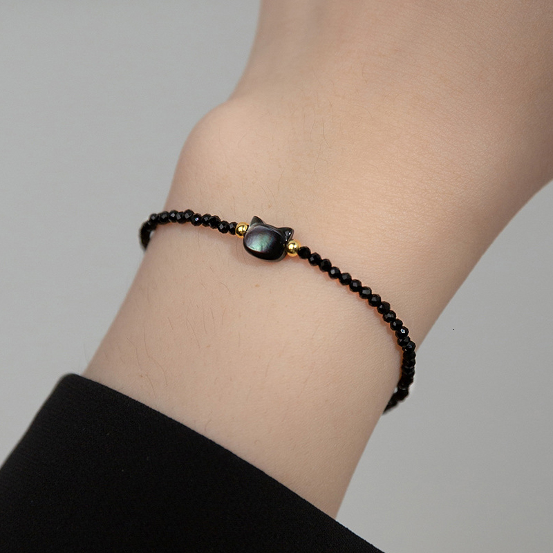 Charm Bracelets Modian 925 Sterling Silver Vintage Black Round Crystal Bracelet Cute Cat Chain Bracelet for Women's Party Jewelry Gifts 230406