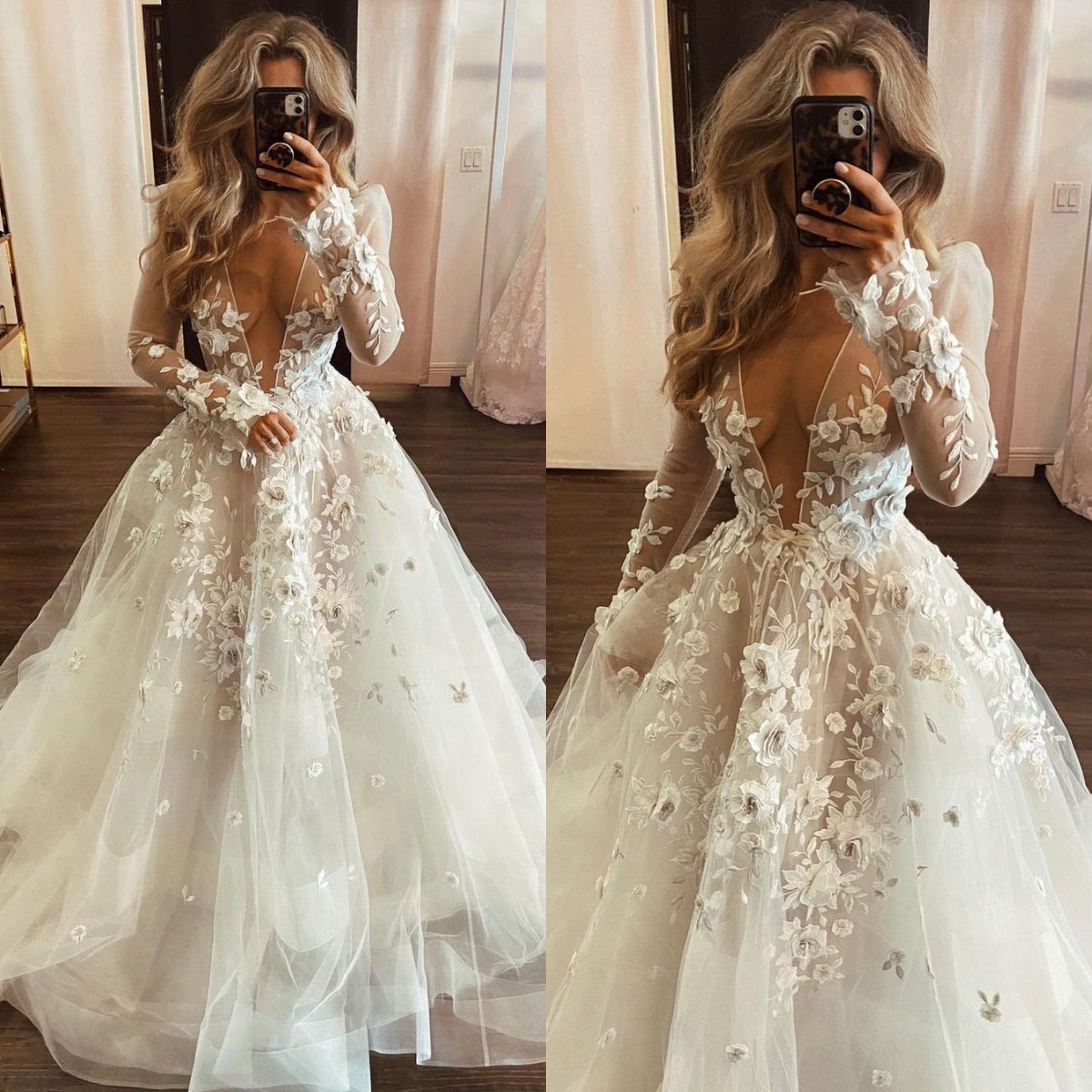 A-e Wedding Dress with Appliques, Plunging V-neck, Long Sleeves, Illusion Necke, Designer Bridal Gowns