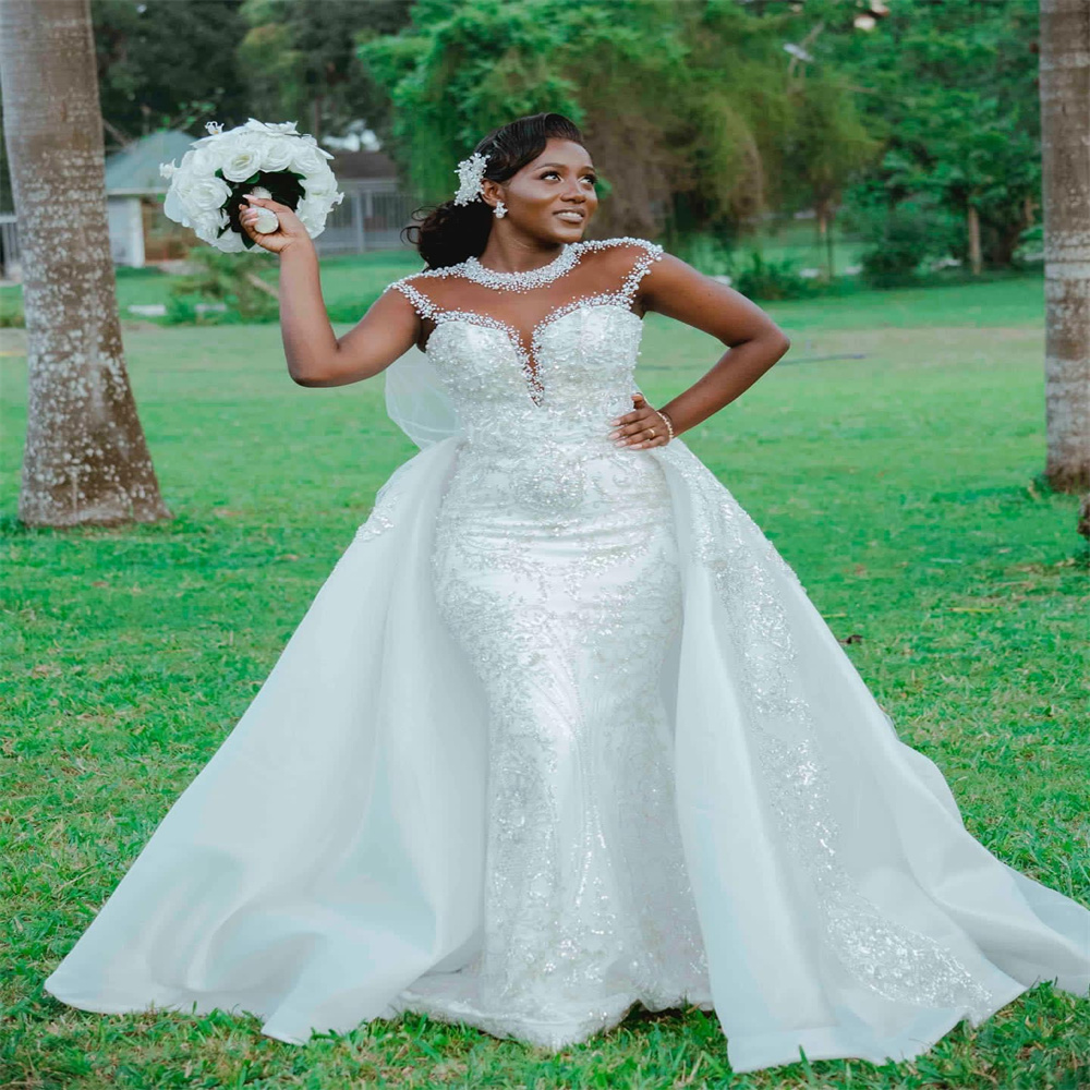 2023 Nov Arabic Aso Ebi Plus Size White Mermaid Wedding Dress Pearls Sequined Lace Detachable Train Bridal Gowns Dresses ZJ505