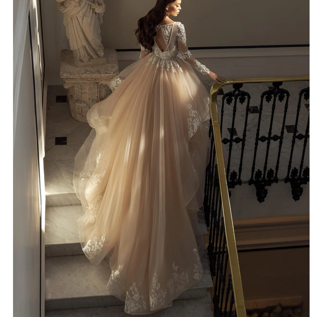 Wedding Dresses V Neck Long Sleeves Tulle Bridal Gowns Lace Appliques Brides Dress For Women Robe De 6660312