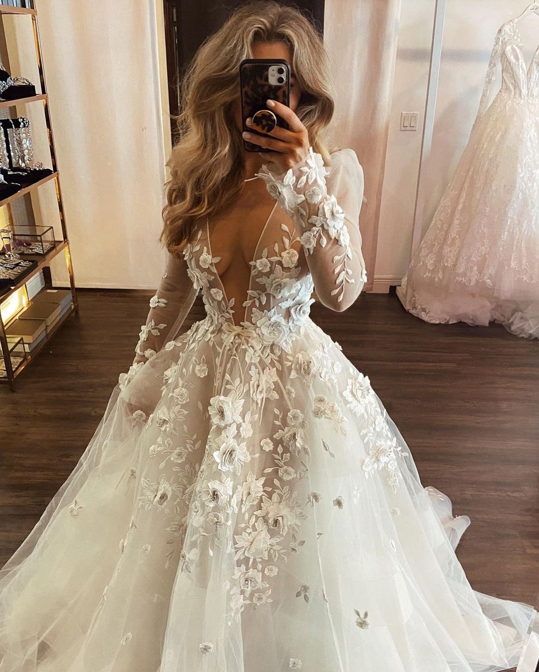 A-e Wedding Dress with Appliques, Plunging V-neck, Long Sleeves, Illusion Necke, Designer Bridal Gowns
