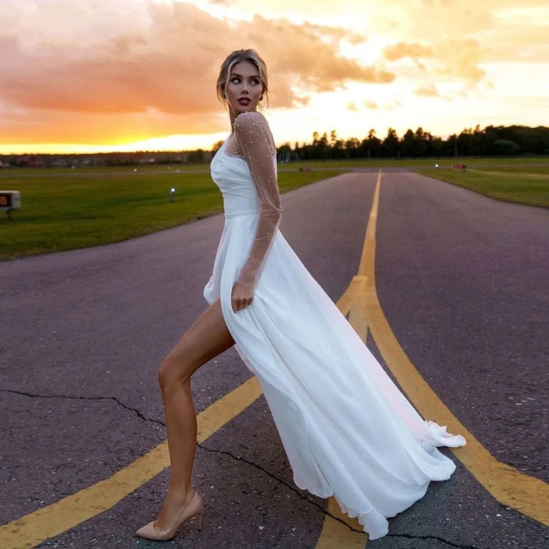 Sexy Long Sleeves Beach Wedding Dress Illusion Pearls Beaded Boho Chiffon Mariage Bridal Gowns With Side Split A-Line Robe De Mariee