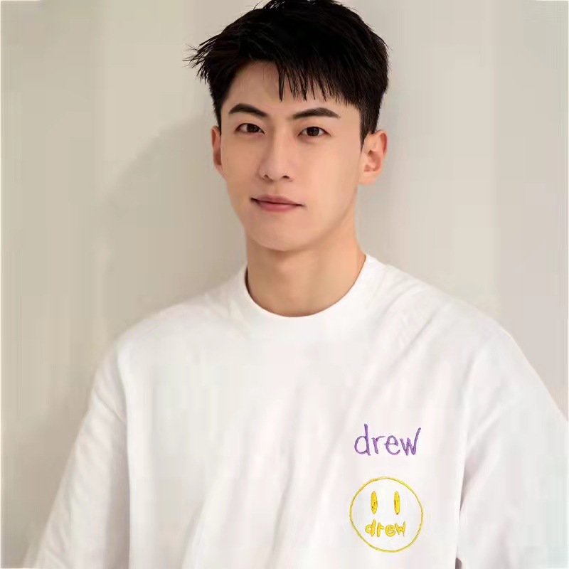 summer solid crewneck cotton loose men white draw face embroidery t shirt
