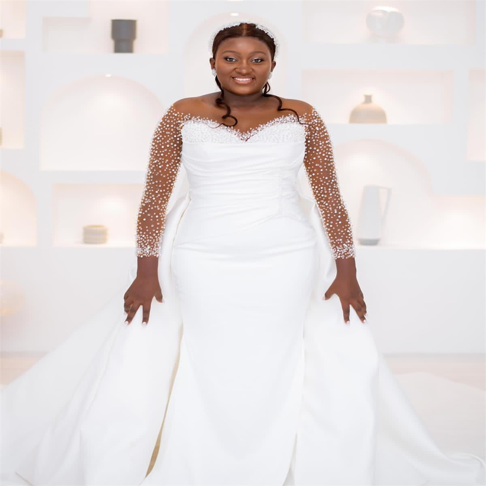 2023 Nov Arabic Aso Ebi Plus Size White Mermaid Wedding Dress Beaded Sheer Neck Detachable Train Bridal Gowns Dresses ZJ506