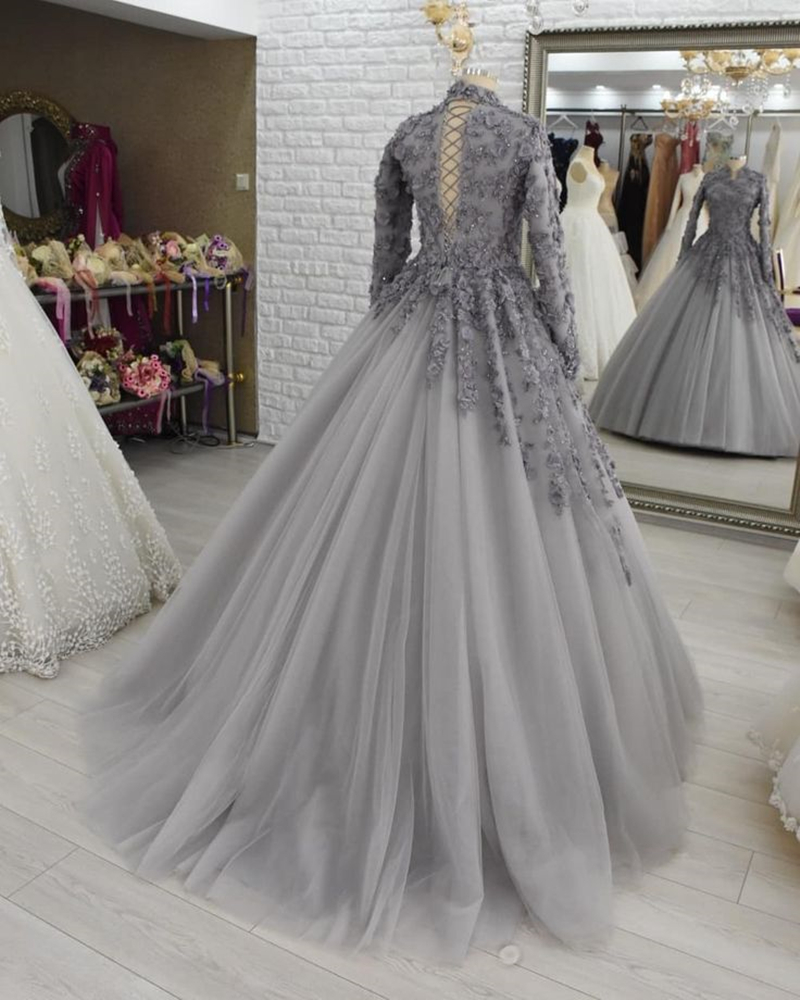 Elegant Arabic Mulsim Tulle Prom Dresses With 3D Floral Lace Applique Light Gray Long Sleeves Ball Gown Evening Gowns Floor Length Bride Engagement Re