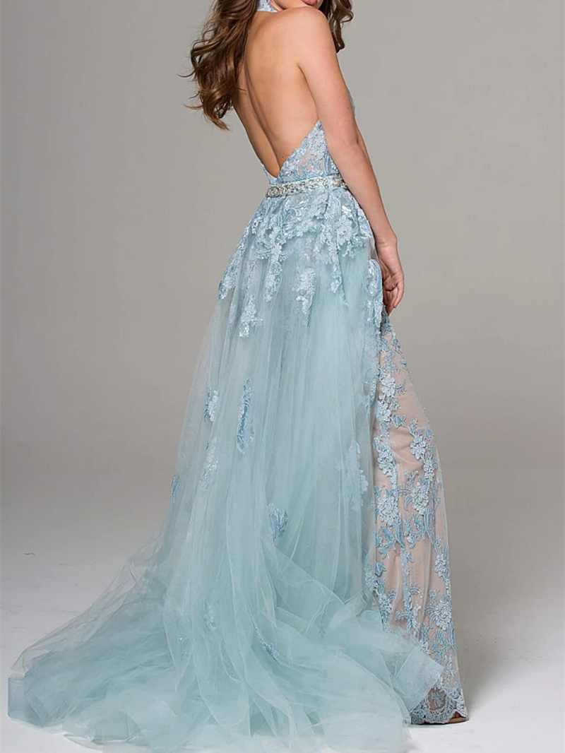Women Lace Jumpsuits Prom Dresses With Detachable Train Sleeveless Halter Neck Backless Sexy Formal Evening Gowns Light Blue Bride Reception Elopement