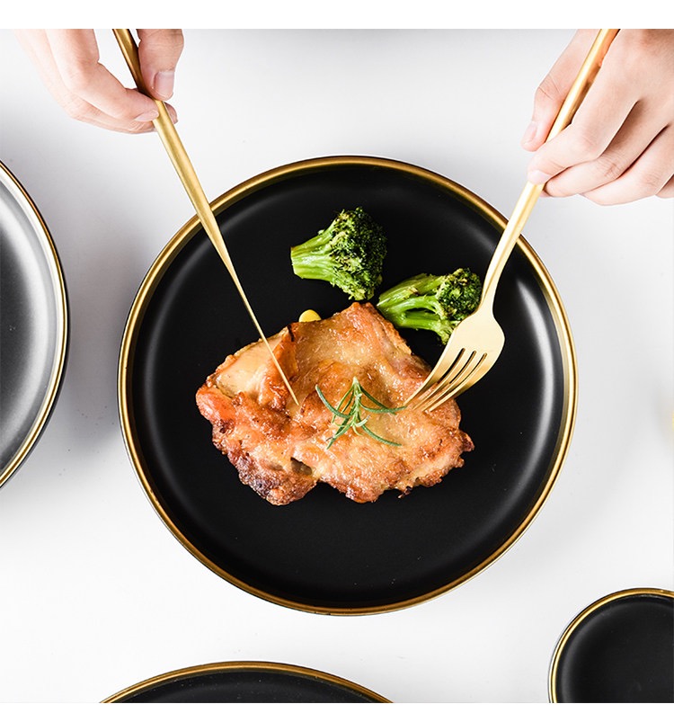 Nordic Golden Stroke Ceramic Plate Hotel Table Decoration Steak Black Dinner Plates Salad Dishes Western Cuisine Tableware Set