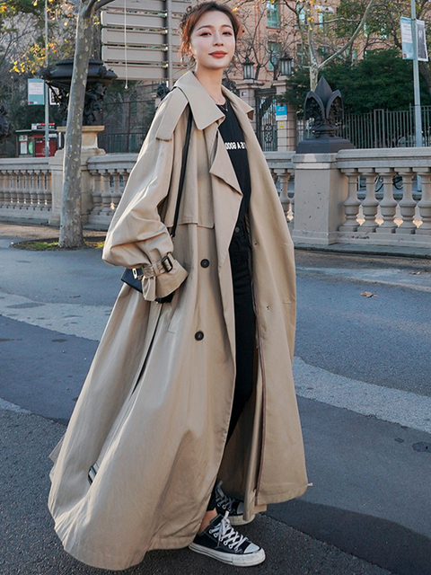 Women's Trench Coats Lautaro Spring Autumn Long Flowy Oversized Casual Coat for Women Belt Double Breasted Loose Korean Fashion 230404