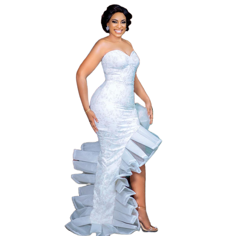 Sexy White Mermaid Wedding Dresses With Side Slit Off The Shoulder Lace Appliques Handmade Flowers High Low Bridal Gowns Dance Reception Gowns