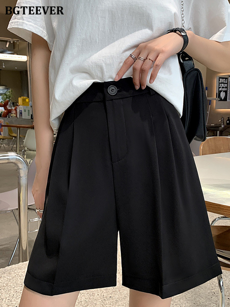 Women's Shorts BGTEEVER Casual High Waist Single Button Women's Wide Leg Shorts Spring/Summer Solid Pocket Loose Women's Shorts 230406
