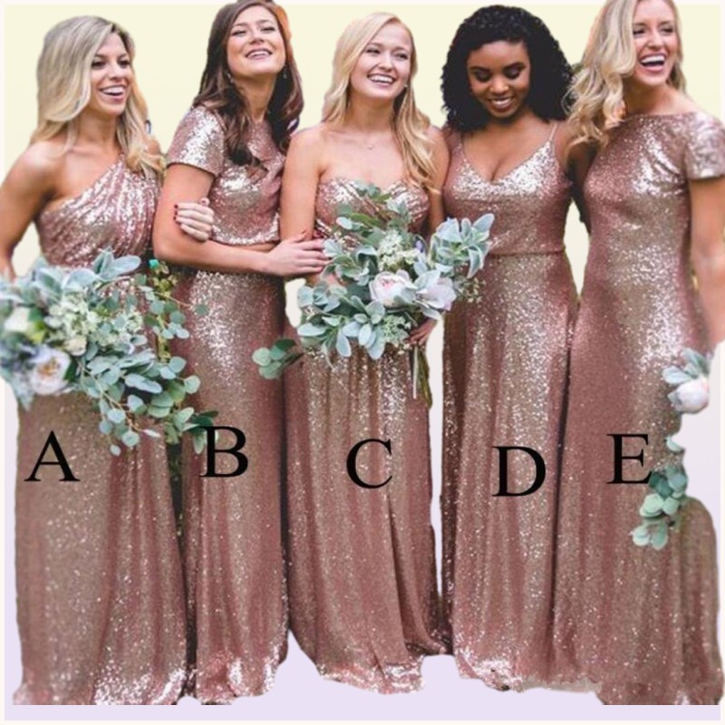 Sparkly Rose Gold Sequins Bridesmaid Dresses Mixed Style Custom Made Sheath Bridemaid Dress Prom Party Dresses Wedding Guest