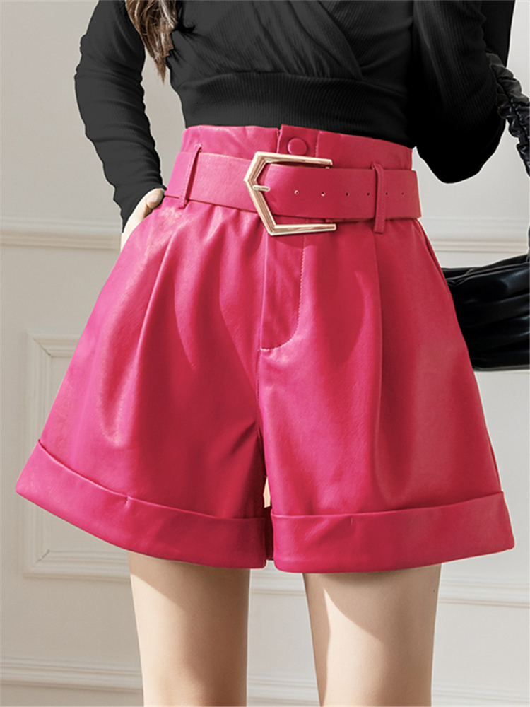 Women's Shorts Seoulish Green PU Faxu Women's leather shorts with belt autumn winter wide leg pants women's casual office pants 230406