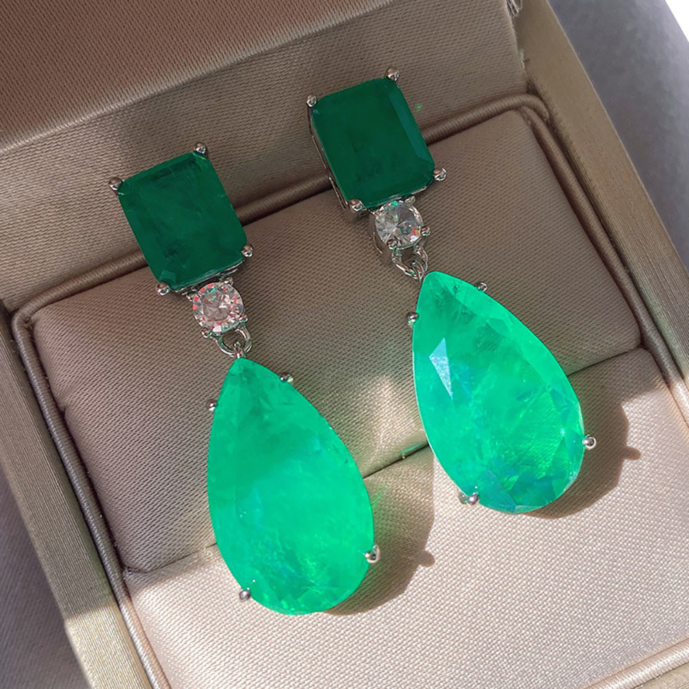 Dangle Chandelier Trend Paraiba Tourmaline Emerald Gemstone Big Drop Earrings for Women Cocktail Party Fine Jewelry Anniversary Female Gift 230404