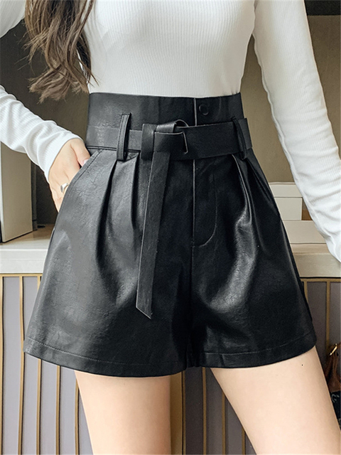 Women's Shorts REALEFT Autumn Winter Women's Faux PU Leather Shorts with Belted High Waist Ladies Elegant Short Trousers Pocket Female 23041