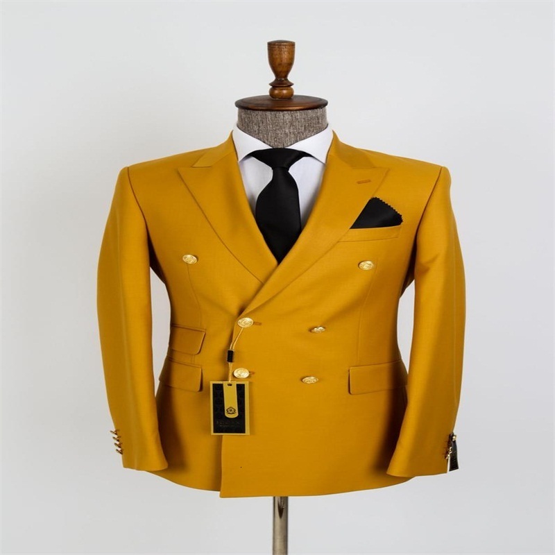 Men's Suits Blazers High quality two-piece yellow men's customized pure cotton spring wedding dress gold metal double button formal coatpant