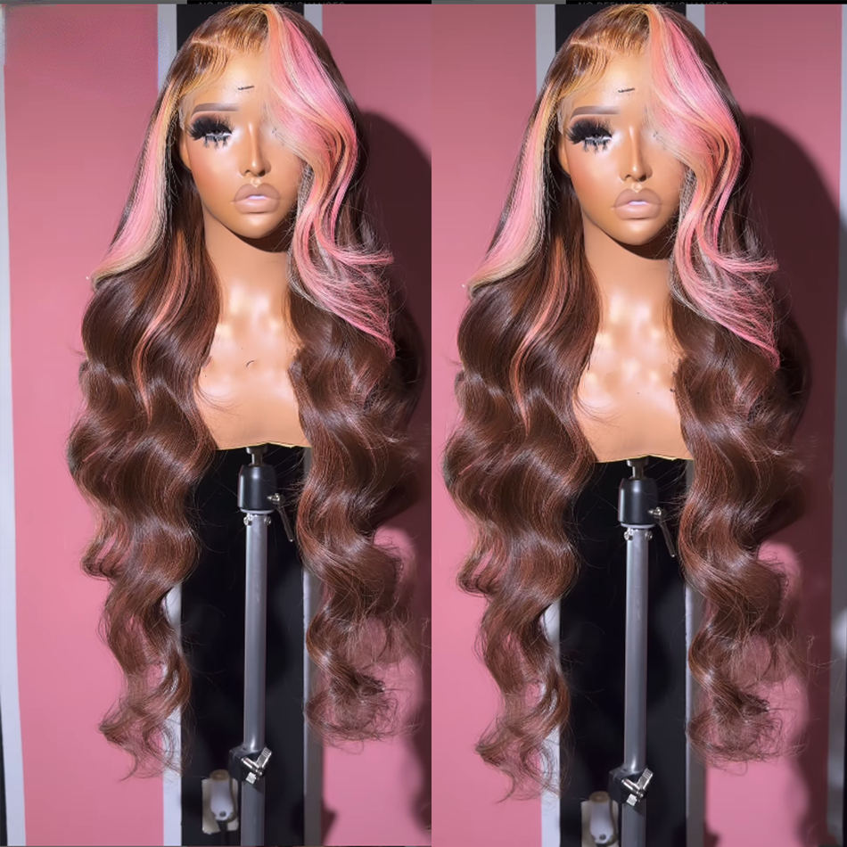 Free shipping HD Brown 13x4 Body Frontal For Women Pink Hightlight Front Human Hair Wigs Transparent Synthetic Lace Wig