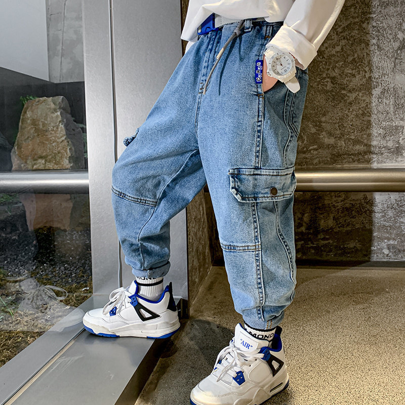 Jeans Boys' cargo pants children's blue Trousers spring and autumn sports jeans children's Korean casual clothing 5 6 8 9 10 12 14 year