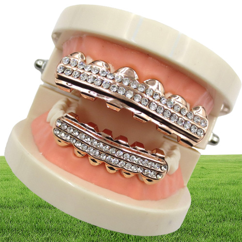 18K Real Gold Punk Hiphop CZ Zircon Poker Letters Vampire Teeth Fang Grillz Diamond Grills Braces Tooth Cap Rapper Jewelry for Cos