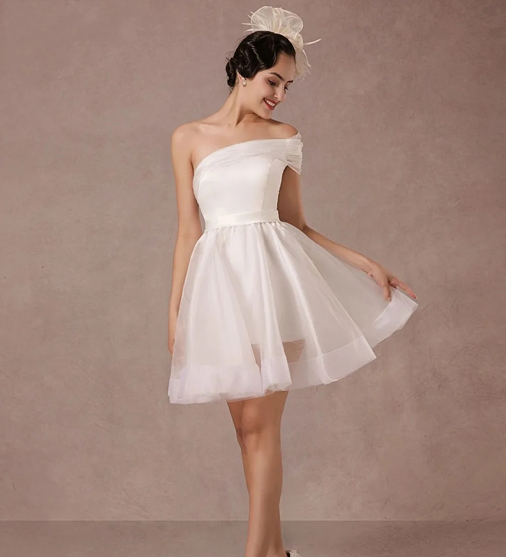 Simple Short Wedding Dress 2024 One-Shoulder A Line Pleats Backless Bridal Party Gowns Summer Boho Vestidos De Noiva