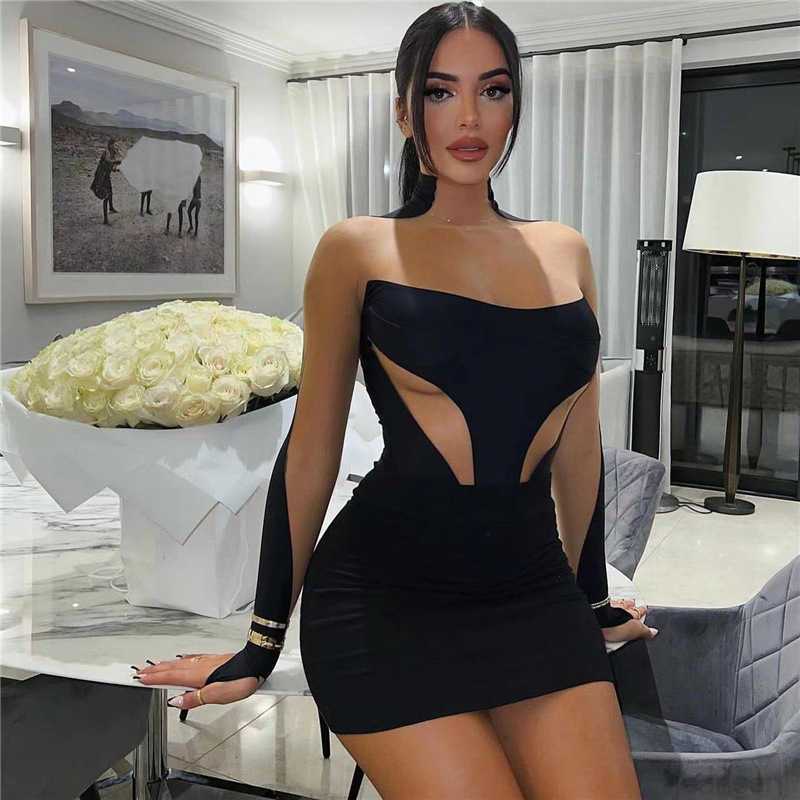 New 2024 spring and summer new women's sexy perspective mesh stitching contrast buttocks dress women