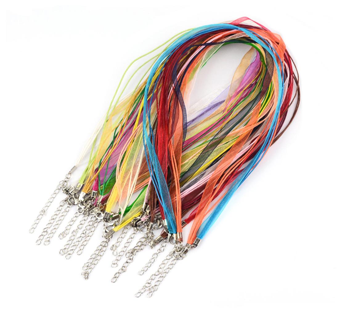 100pcs 18quot DIY Jewelry Making Organza Ribbon Necklace Strap Cords Colorful Voile String Lobster Clasp Wax Cord Chain