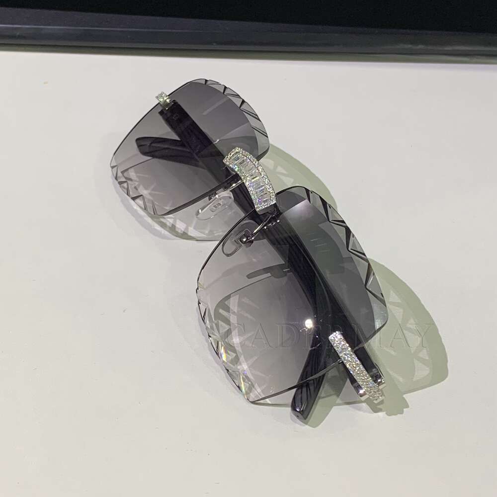 Hot Selg sier Baguette Moissanite Sun Glasses Dia Men Rimless Metal Purple Lens Sunglasses