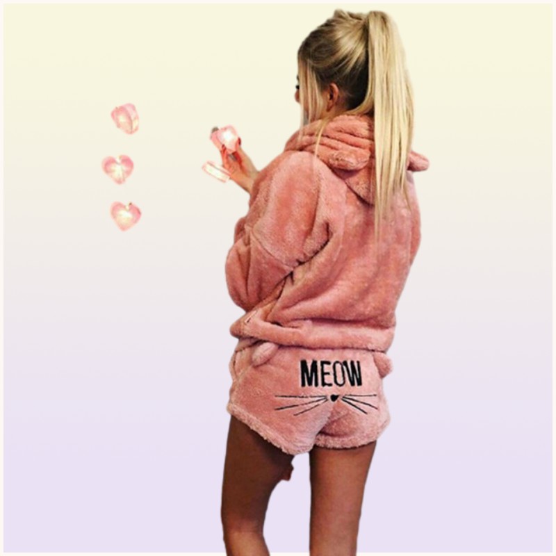 Women Winter Short Pajamas Hooded Designer Pyjama Set Hoodie Cat Print Shorts Pants Outfits Causal Pajamas Clothes Sets Home Cloth8196020