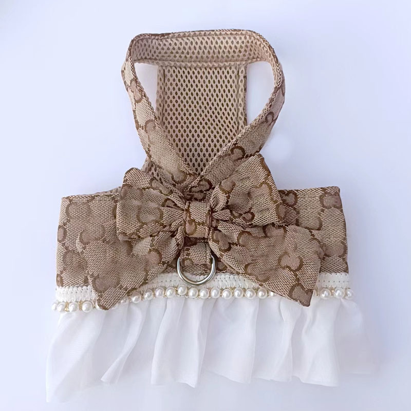 Designer Bow Knot No Pull Pet Classic letter pattern with D-Ring Soft Mesh Dog Dress Escape Proof Princess Puppy Harness for Small Dogs Cats